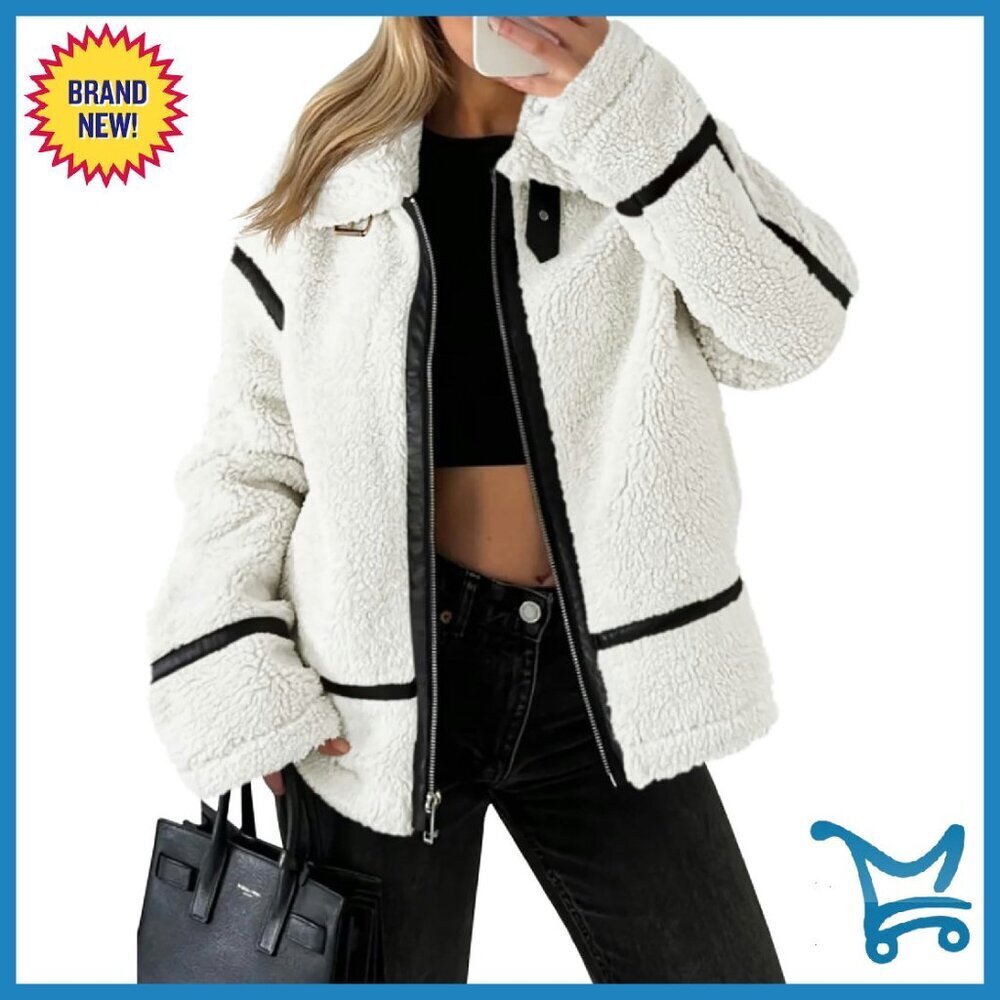Faux Fur Sherpa Moto Jacket with Leather Patchwork, Oversized Cropped Coat